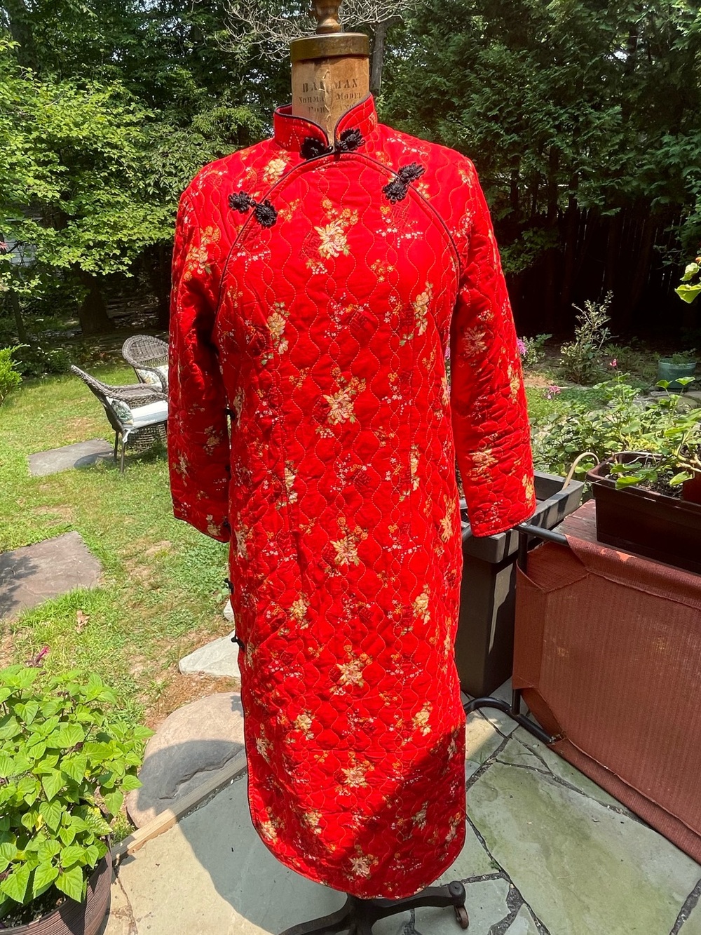 Traditional Red Floral Quilted Mandarin Collar Jacket/Dress/Loungewear